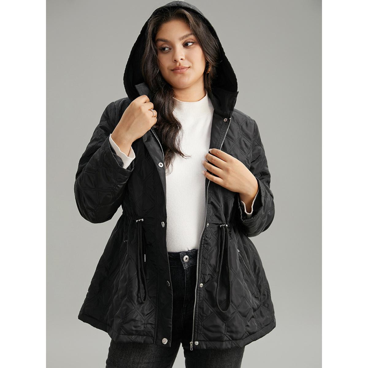Plus Size Plain Button Up Drawstring Hooded Coat Women Black Casual Plain Ladies Dailywear Winter Coats BloomChic 28/5X Product Image