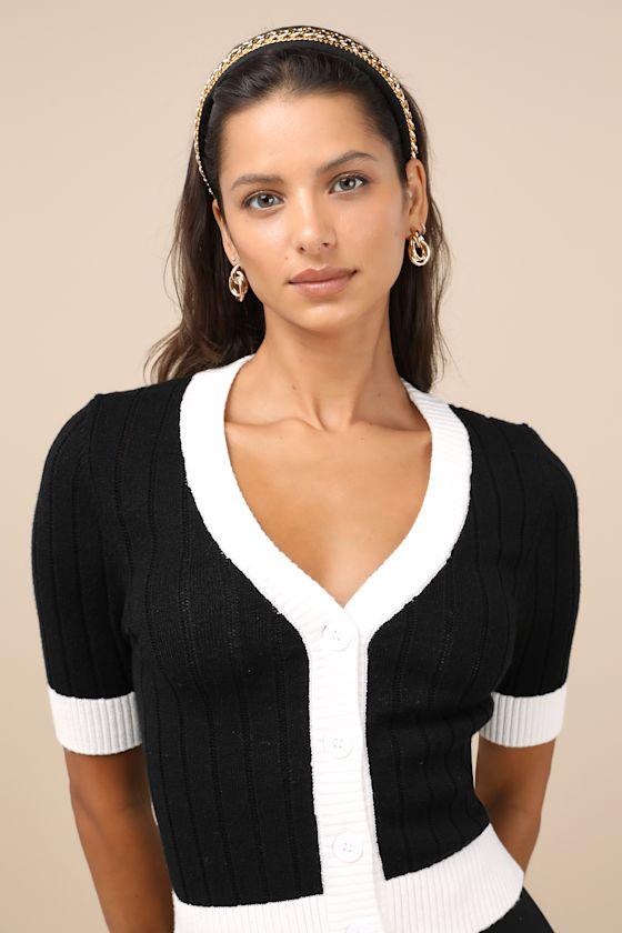 Posh Vibes Black and Ivory Short Sleeve Cardigan Sweater Top Product Image