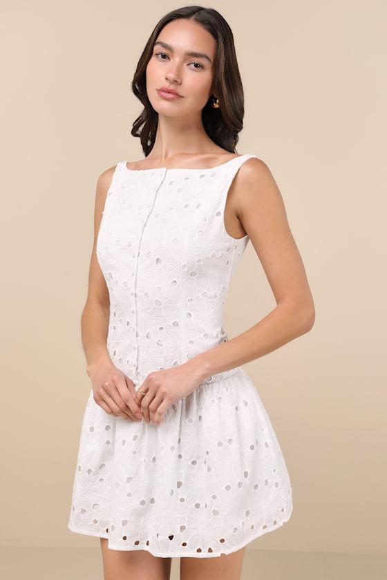 Aurora White Eyelet Embroidered Drop-Waist Mini Dress Product Image