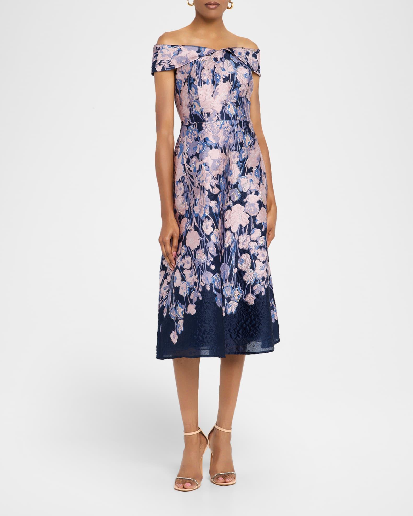 Off-Shoulder Floral Jacquard Midi Dress Product Image
