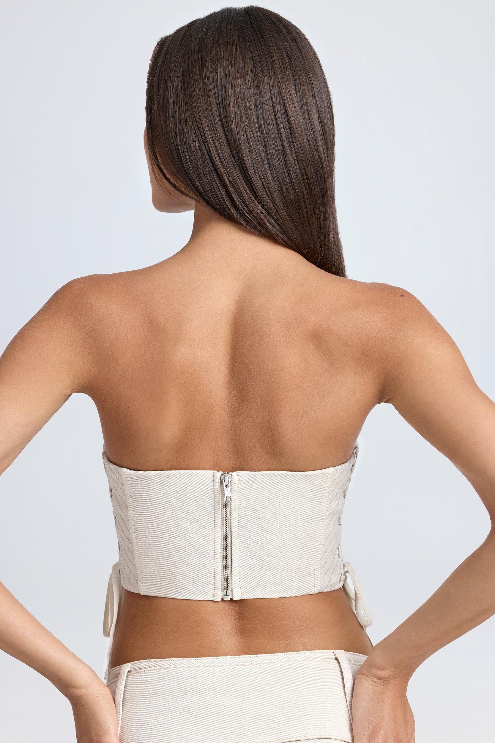 Bandeau Lace-Up Corset Crop Top in Ecru Product Image