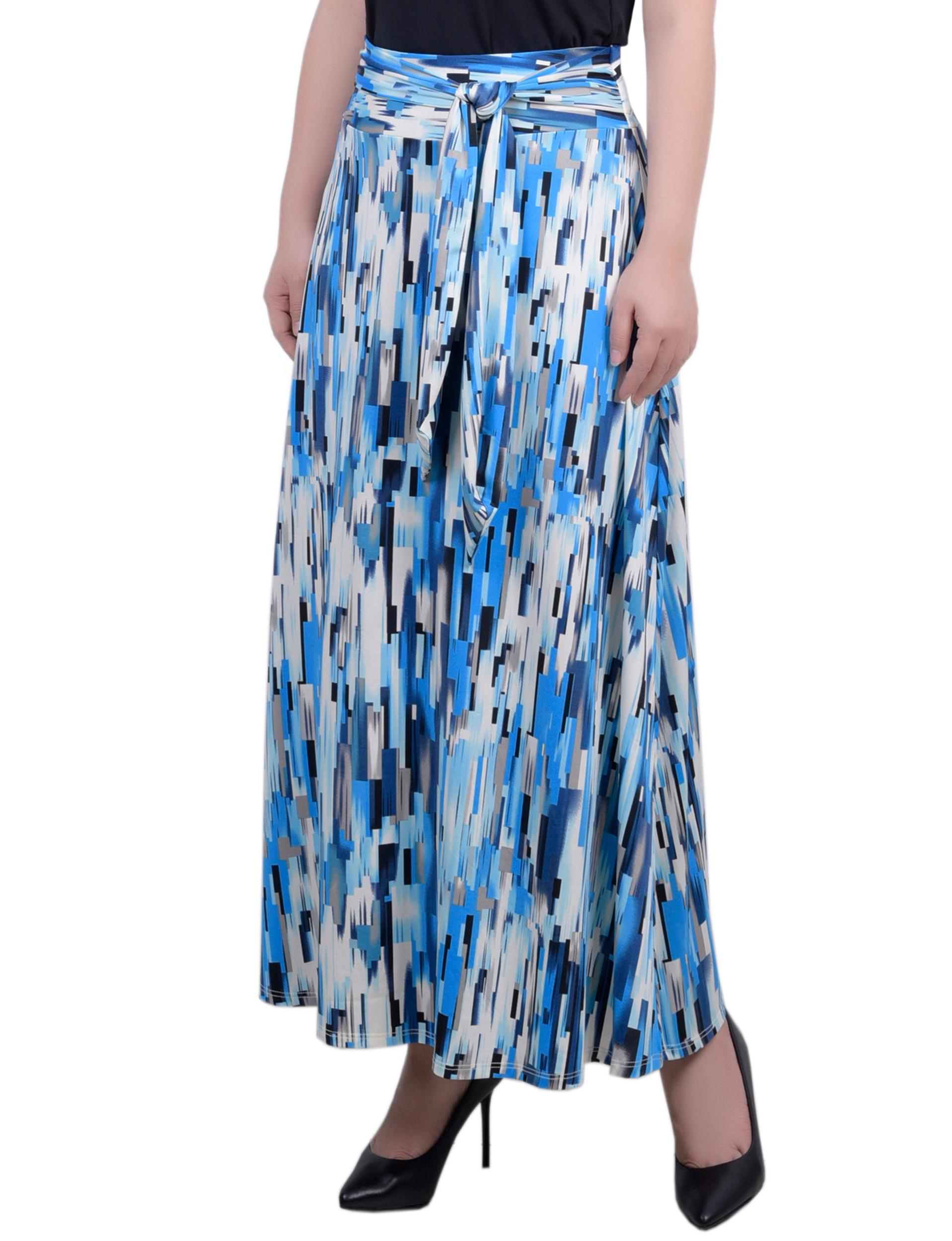Blue Long Square Abstract Maxi Skirt With Sash Waist Tie - Petite Product Image