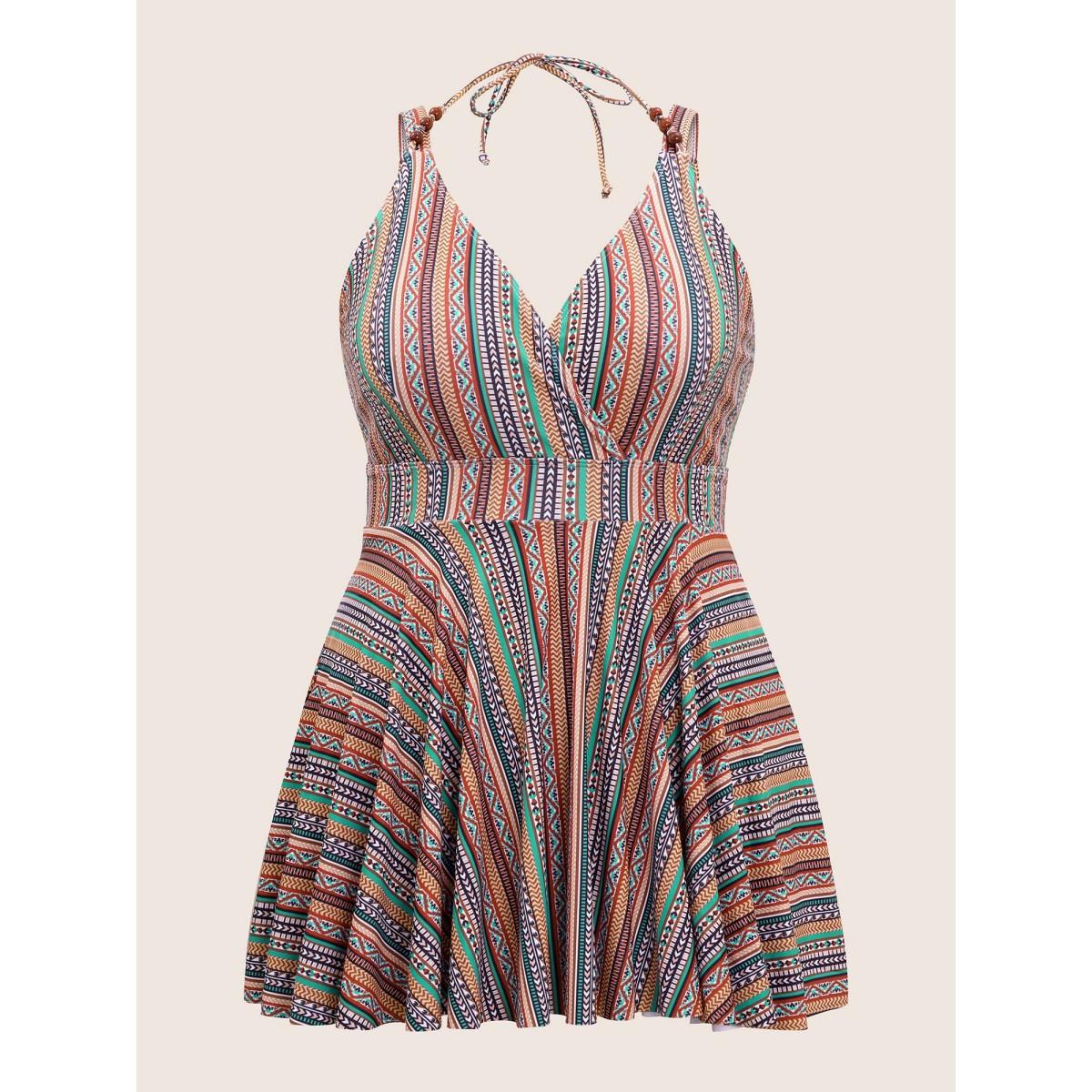 Plus Size Bandana Striped Print Adjustable Straps Swim Dress Women's Swimwear Multicolor Beach Bodycon V-neck High stretch Curve Swim Dresses BloomChic 22-24/3X Product Image