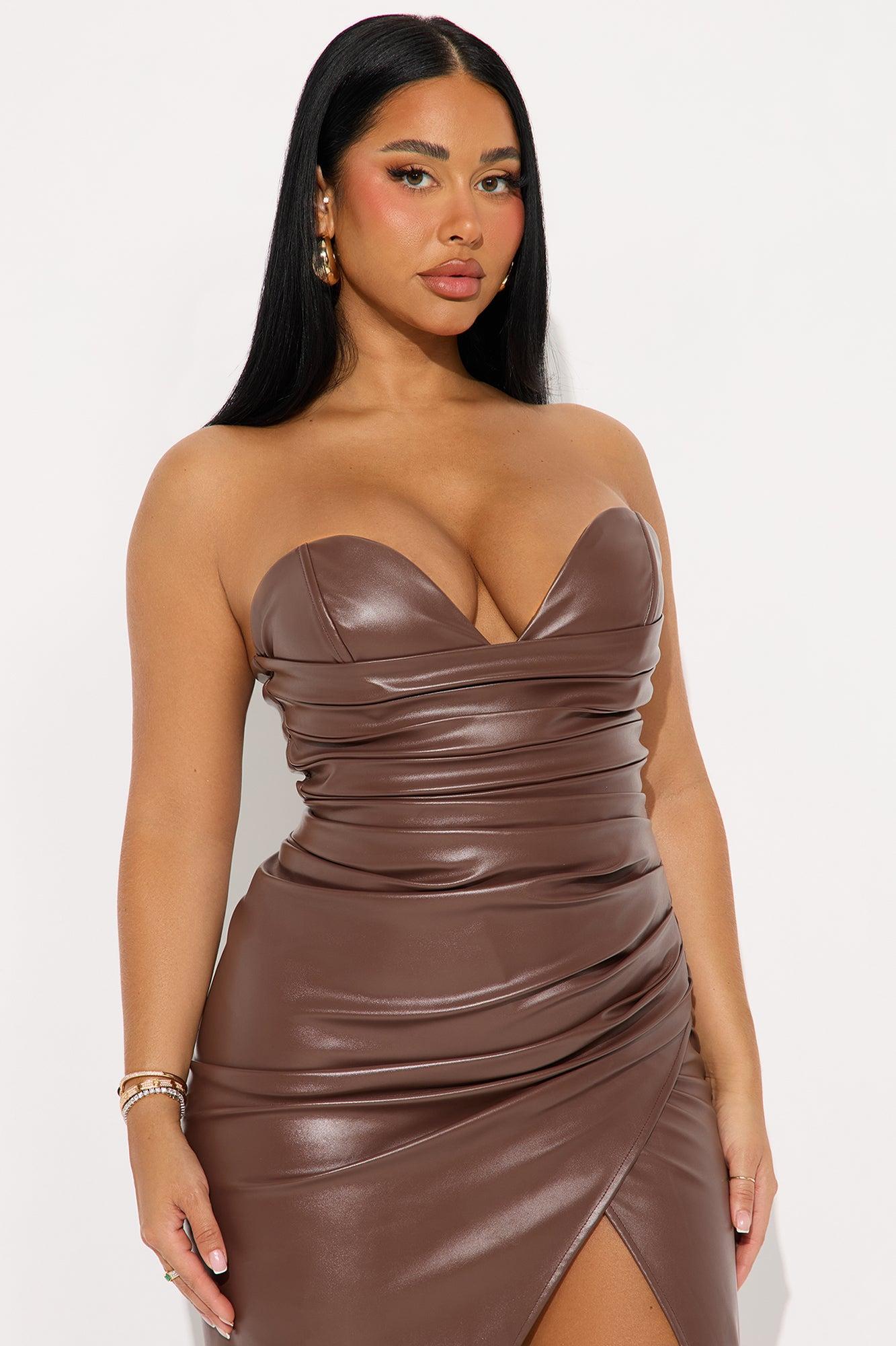 Corrine Ruched Faux Leather Midi Dress - Brown Female Product Image