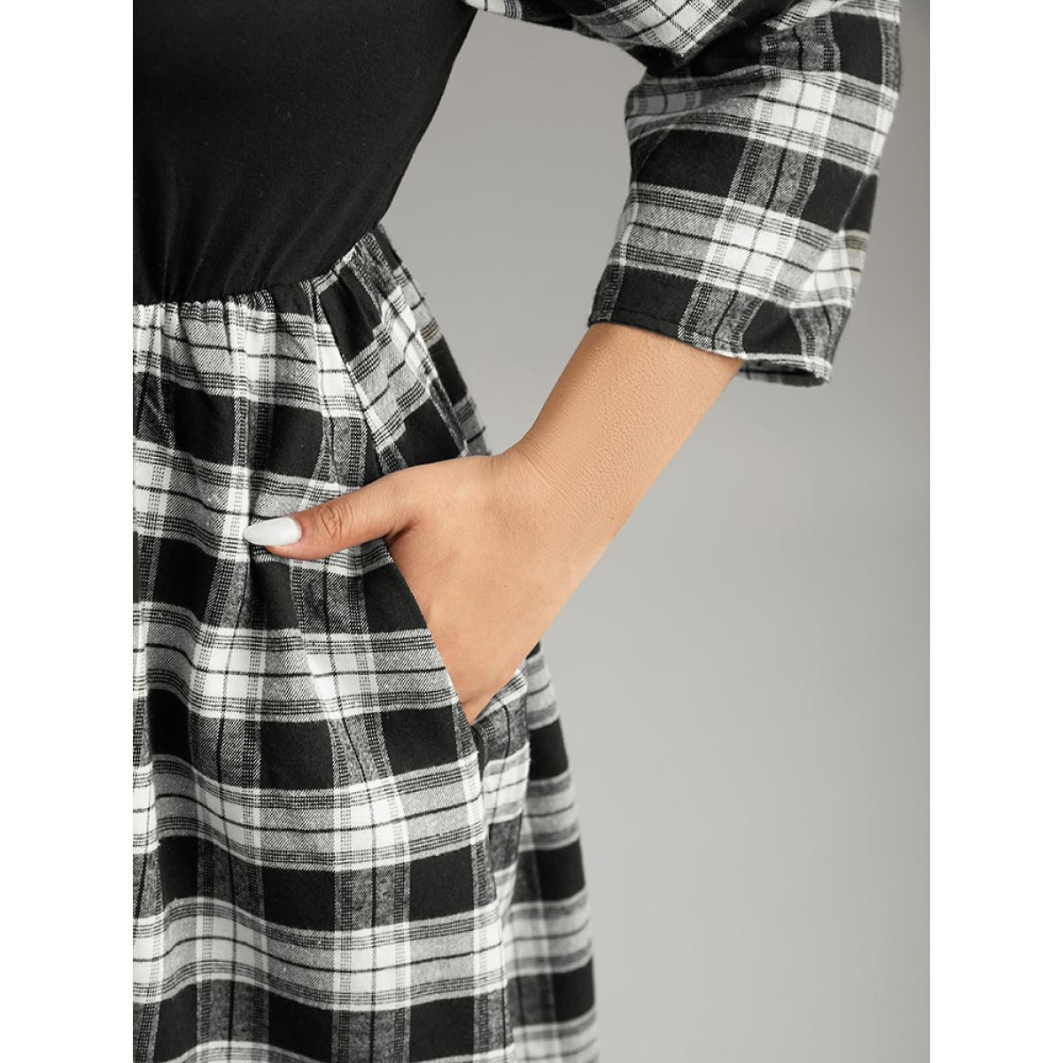 Plus Size Plaid Patchwork Elastic Waist Lapel Collar Dress Black Women Casual Printed Lapel Collar Elbow-length sleeve Curvy Midi Dress BloomChic 18-20/2X Product Image