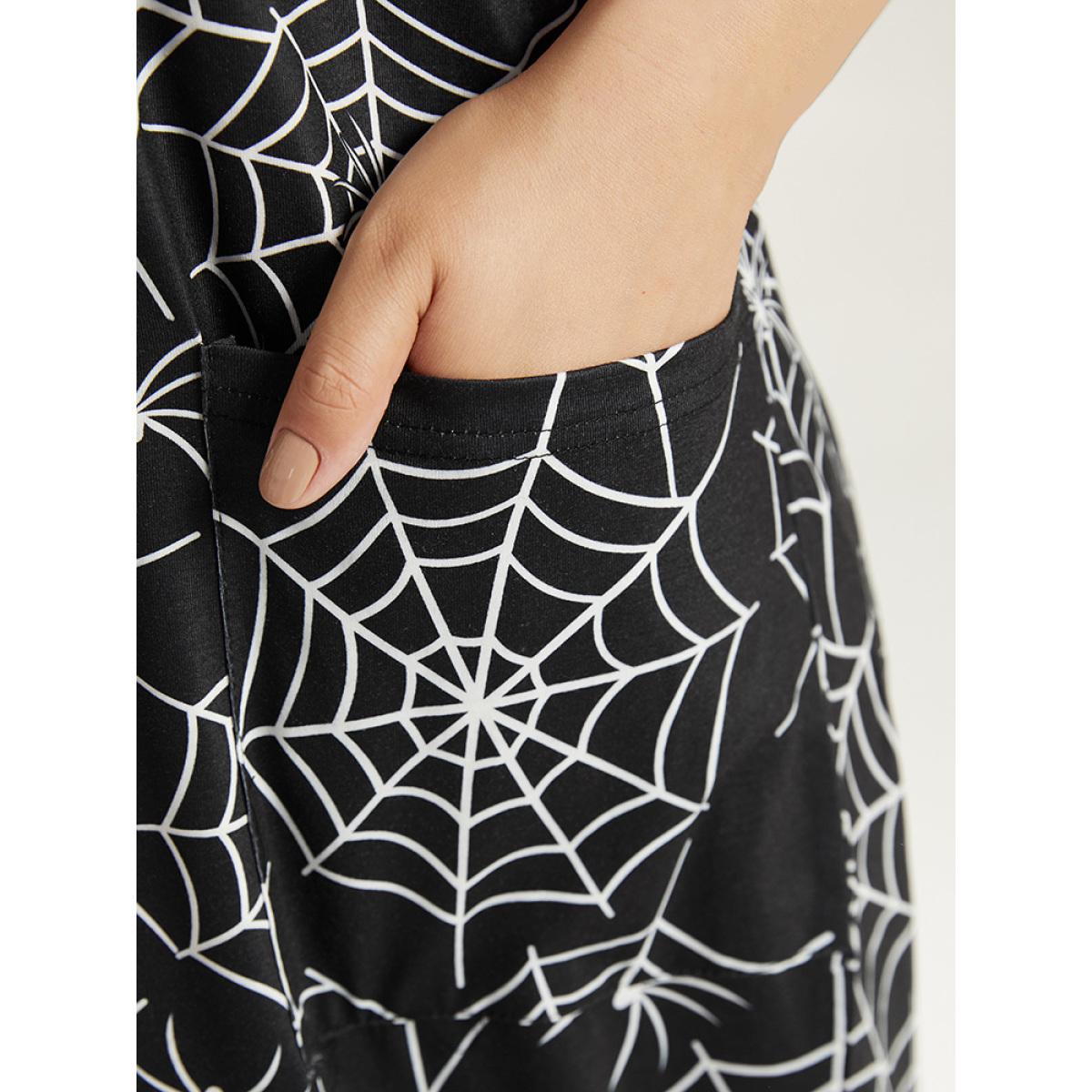 Plus Size DarkGreen Halloween Spider Web Print Pocket Overall Cami Jumpsuit Women Casual Sleeveless Spaghetti Strap Festival-Halloween Loose Jumpsuits BloomChic 22-24/3X Product Image