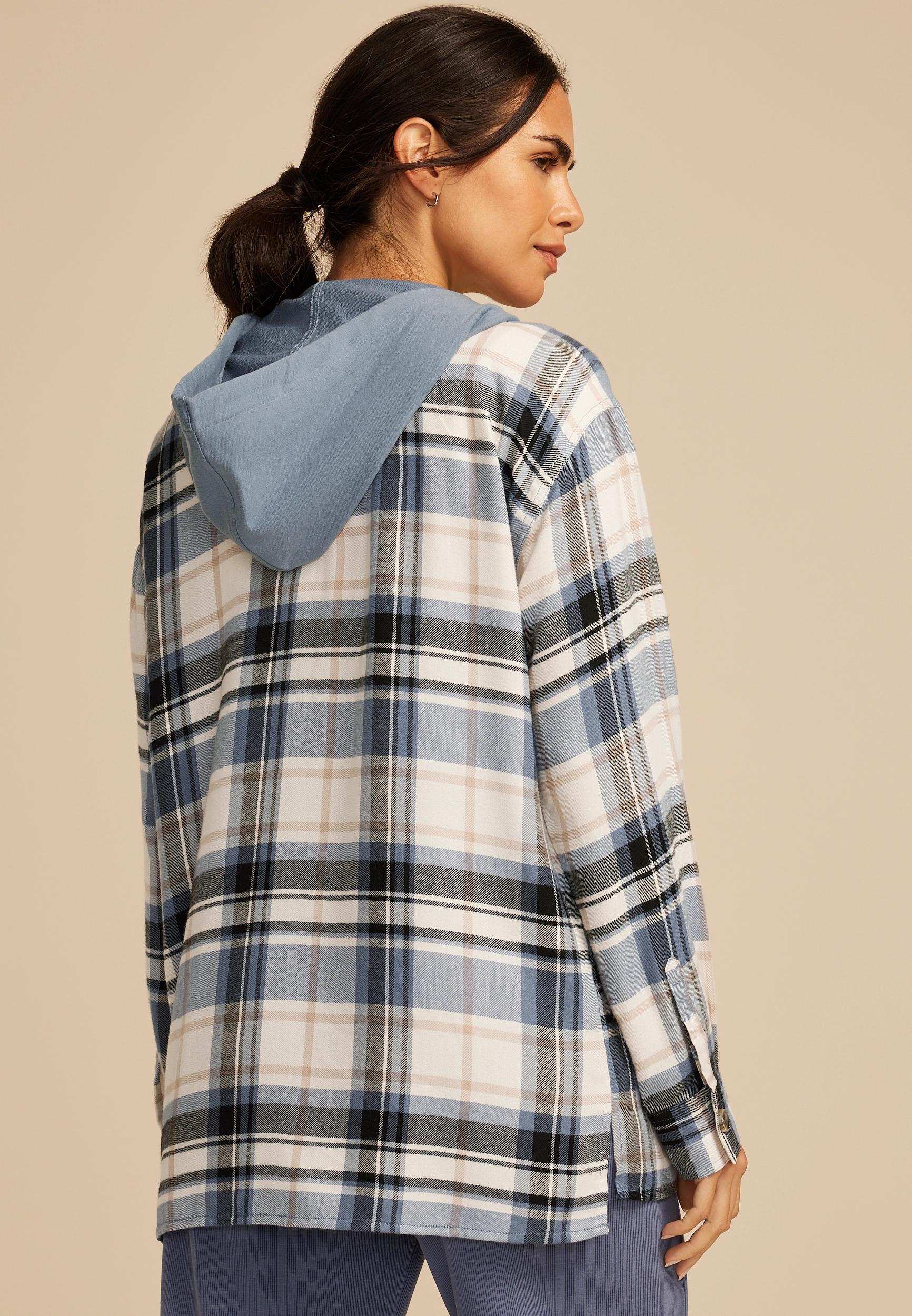 Plaid Hooded Boyfriend Button Down Shirt Product Image