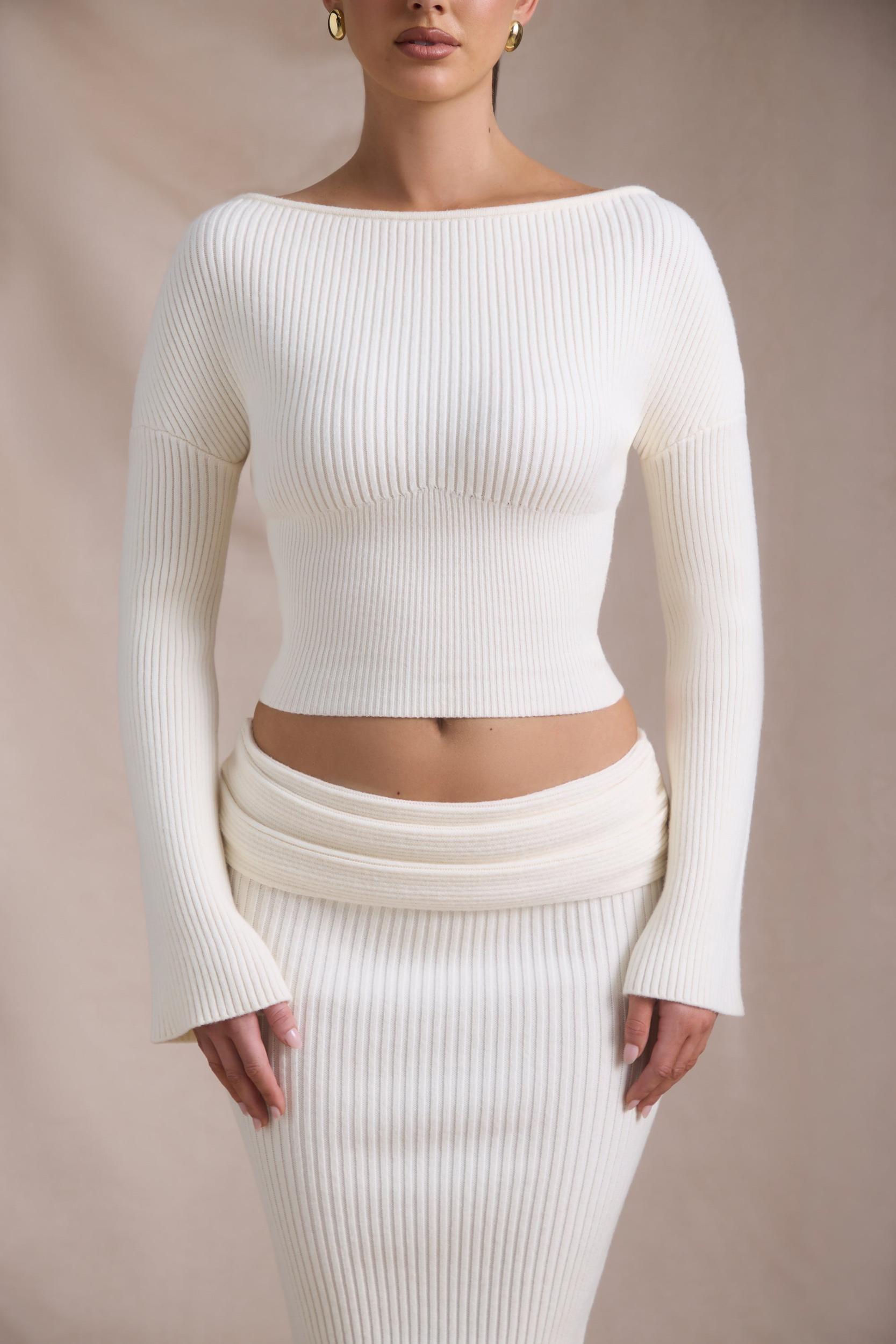 Ribbed-Knit Slash-Neck Top in Ivory Product Image