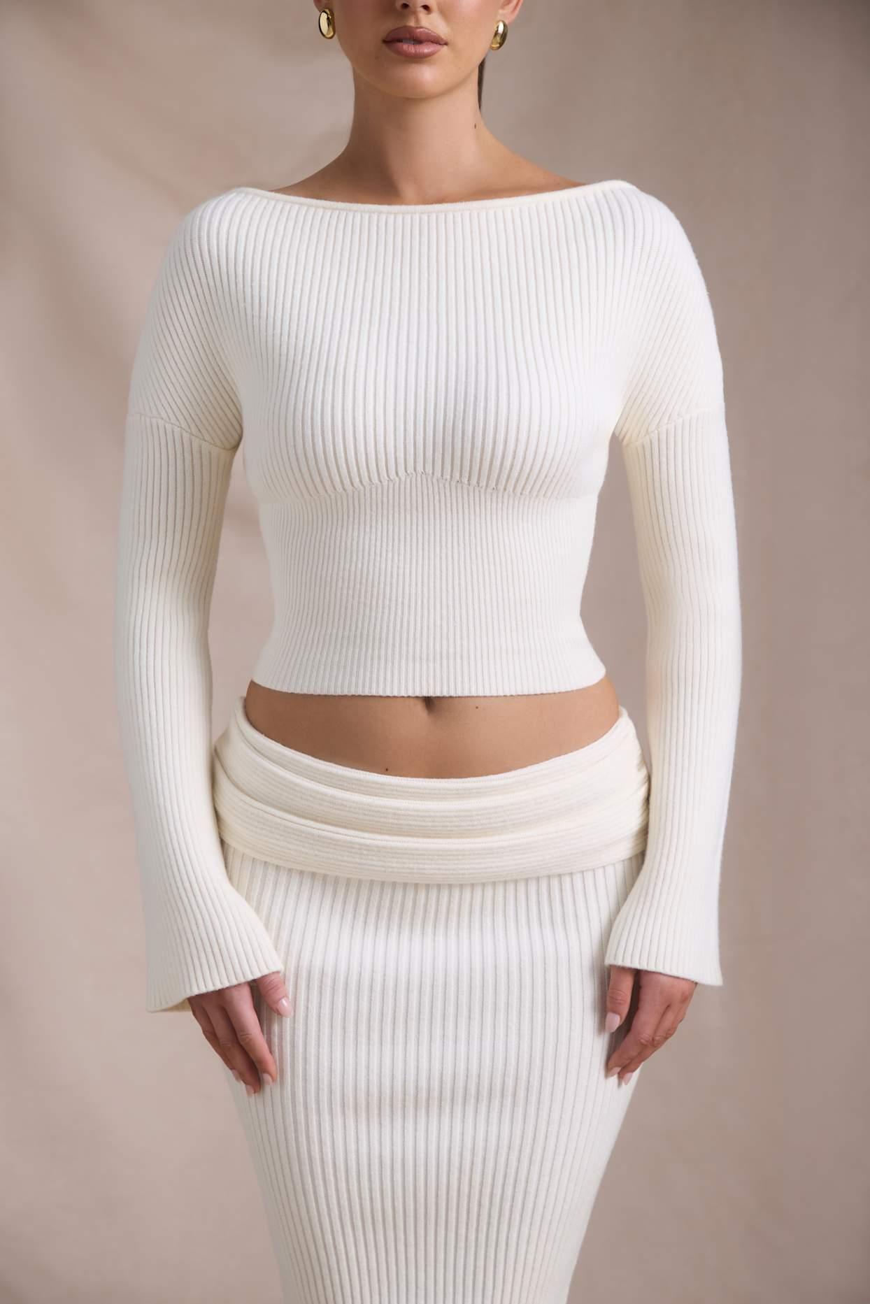 Ribbed-Knit Slash-Neck Top in Ivory Product Image