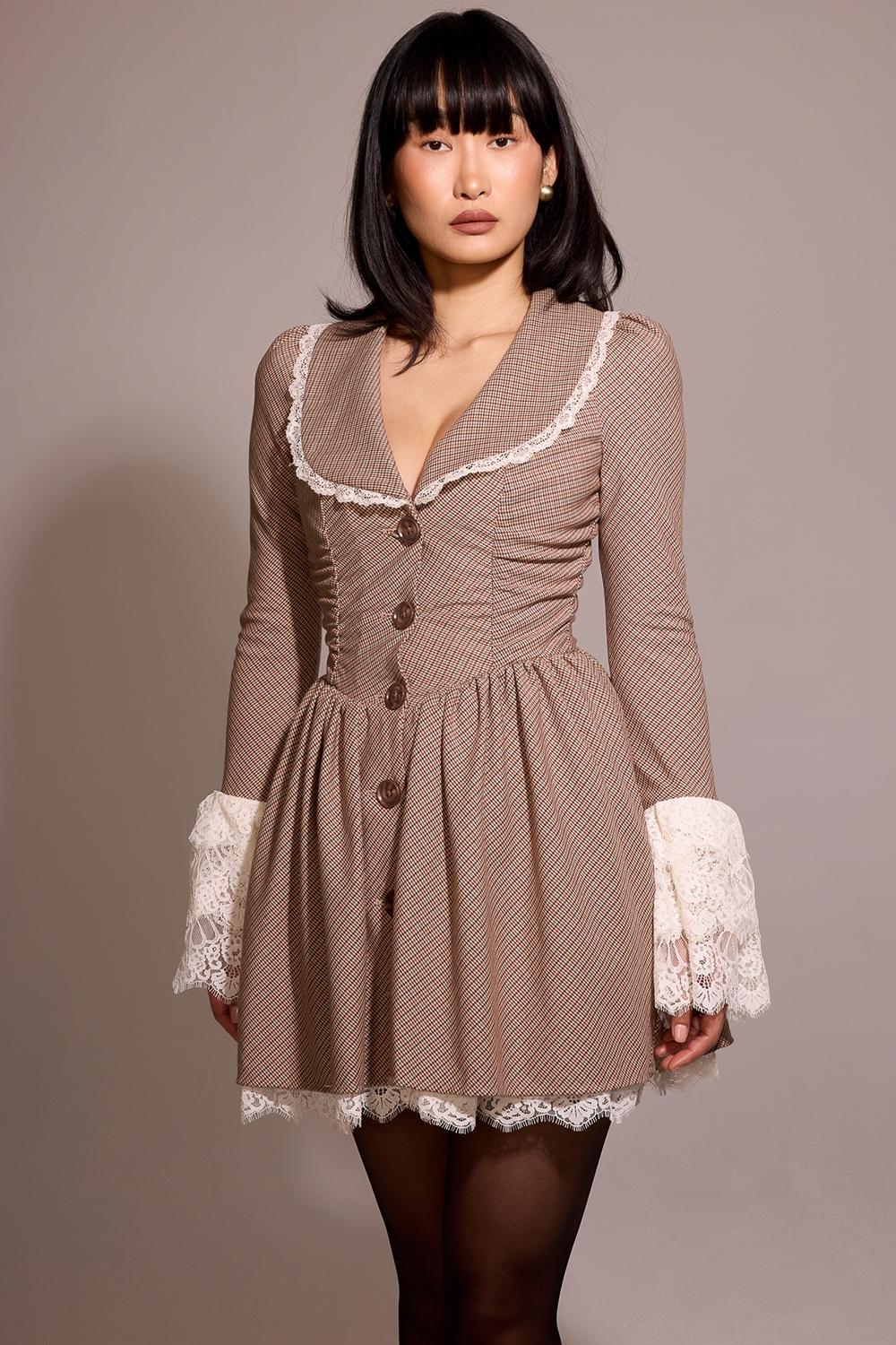 Sable  brown puppytooth check mini dress - sale Product Image