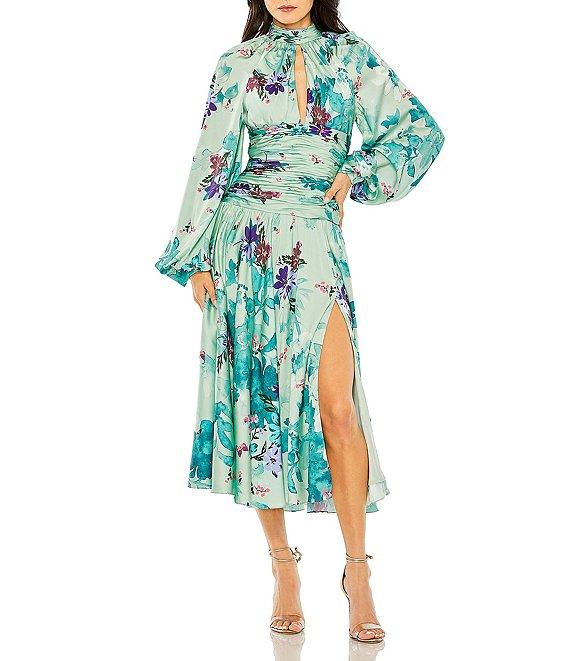 Mac Duggal Keyhole Neck Long Sleeve Ruched Waist Floral Satin Midi Dress Product Image