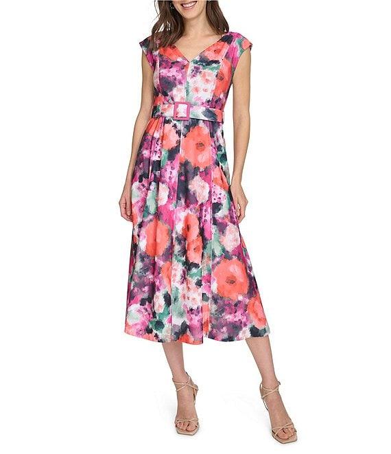 Calvin Klein Scuba Crepe V Neck Short Sleeve Belted A Line Midi Dress Product Image