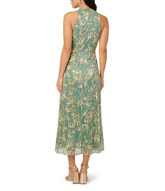 Adrianna Papell Sheath Pleated Bodice V-Neck Sleeveless Metallic Crinkle Chiffon Midi Dress Product Image
