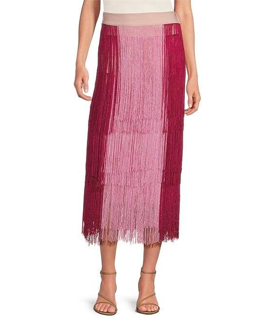 Buru Color Block Elastic-Back Waist Fringe Midi A-Line Skirt Product Image