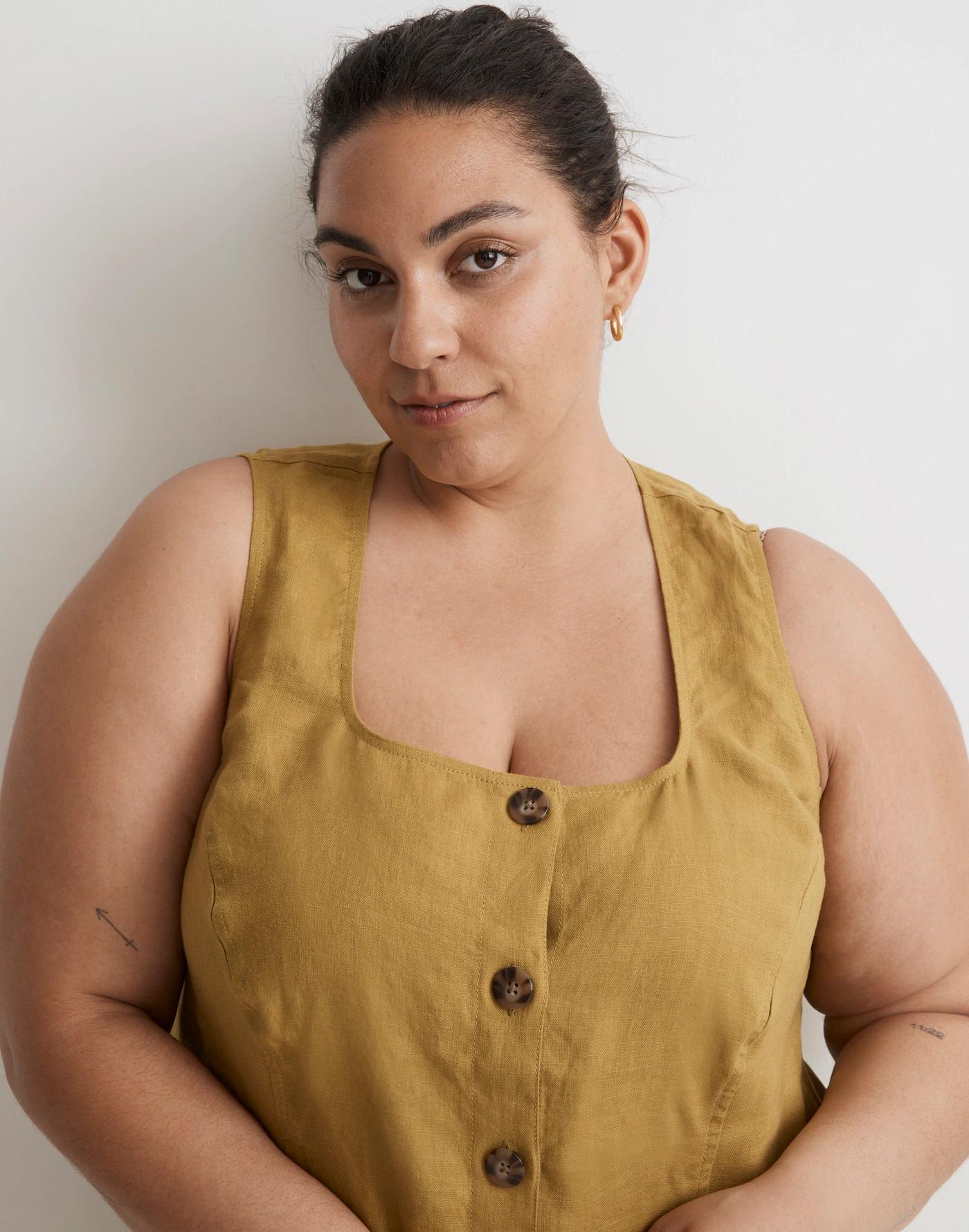 Plus 100% Linen Button-Front Midi Dress Product Image