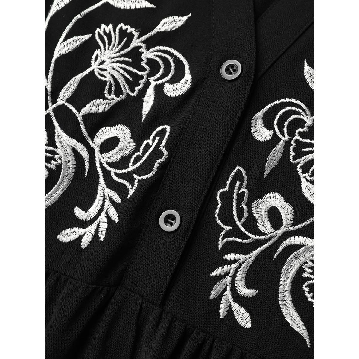 Plus Size Black Color Contrast Embroidery Flared Blouse Women Leisure Extra Long Sleeve Flat collar with V-notch Casual Blouses BloomChic 12/L Product Image