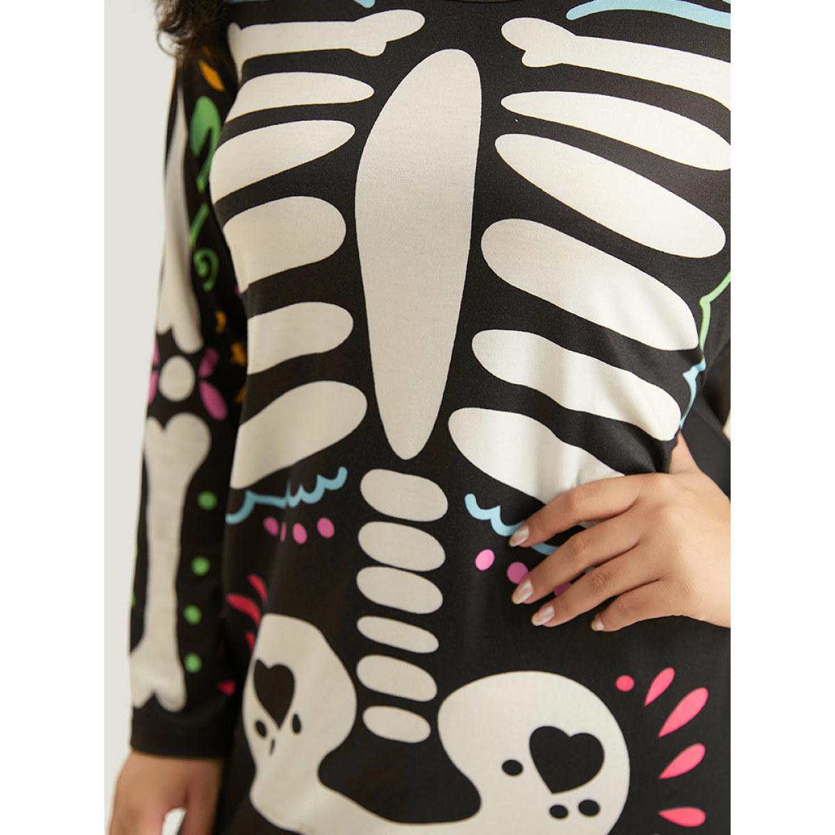 Plus Size Halloween Skull Print Round Neck Split Hem Dress Black Women Casual Printed Round Neck Long Sleeve Curvy Midi Dress BloomChic 14-16/1X Product Image