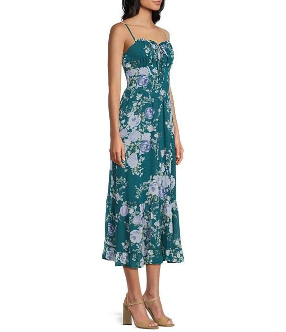 Midnight Doll Floral Printed Chiffon Corset Bodice Midi Dress Product Image