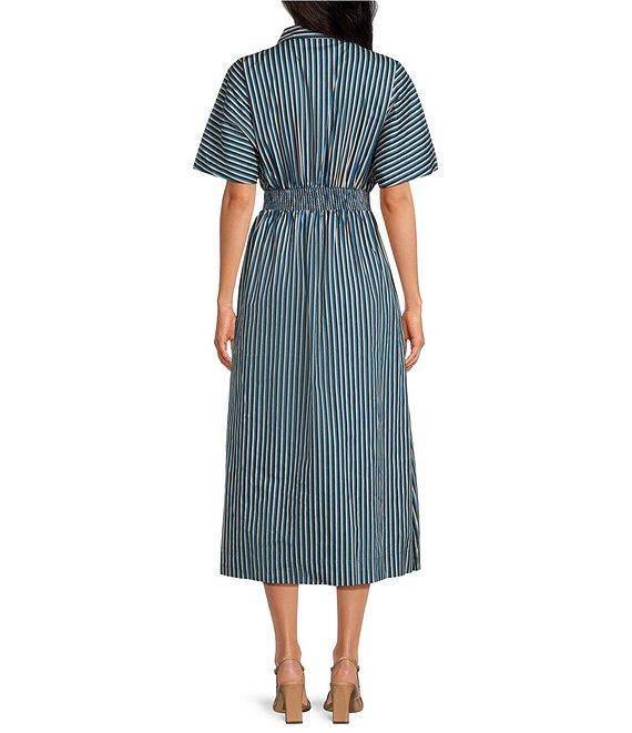 Sugarlips Striped Point Collar Dolman Sleeves Pleated Smocked Button Front Cotton Poplin Dress Product Image