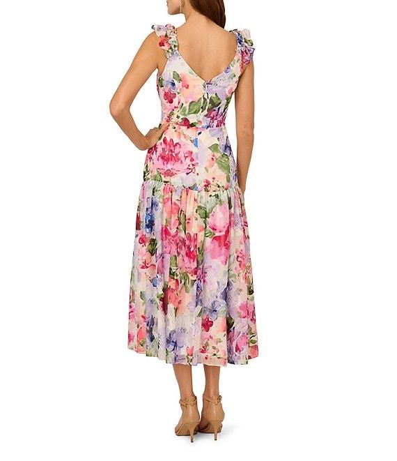 Adrianna Papell Chiffon Floral Print V Neck Sleeveless A-Line Midi Dress Product Image