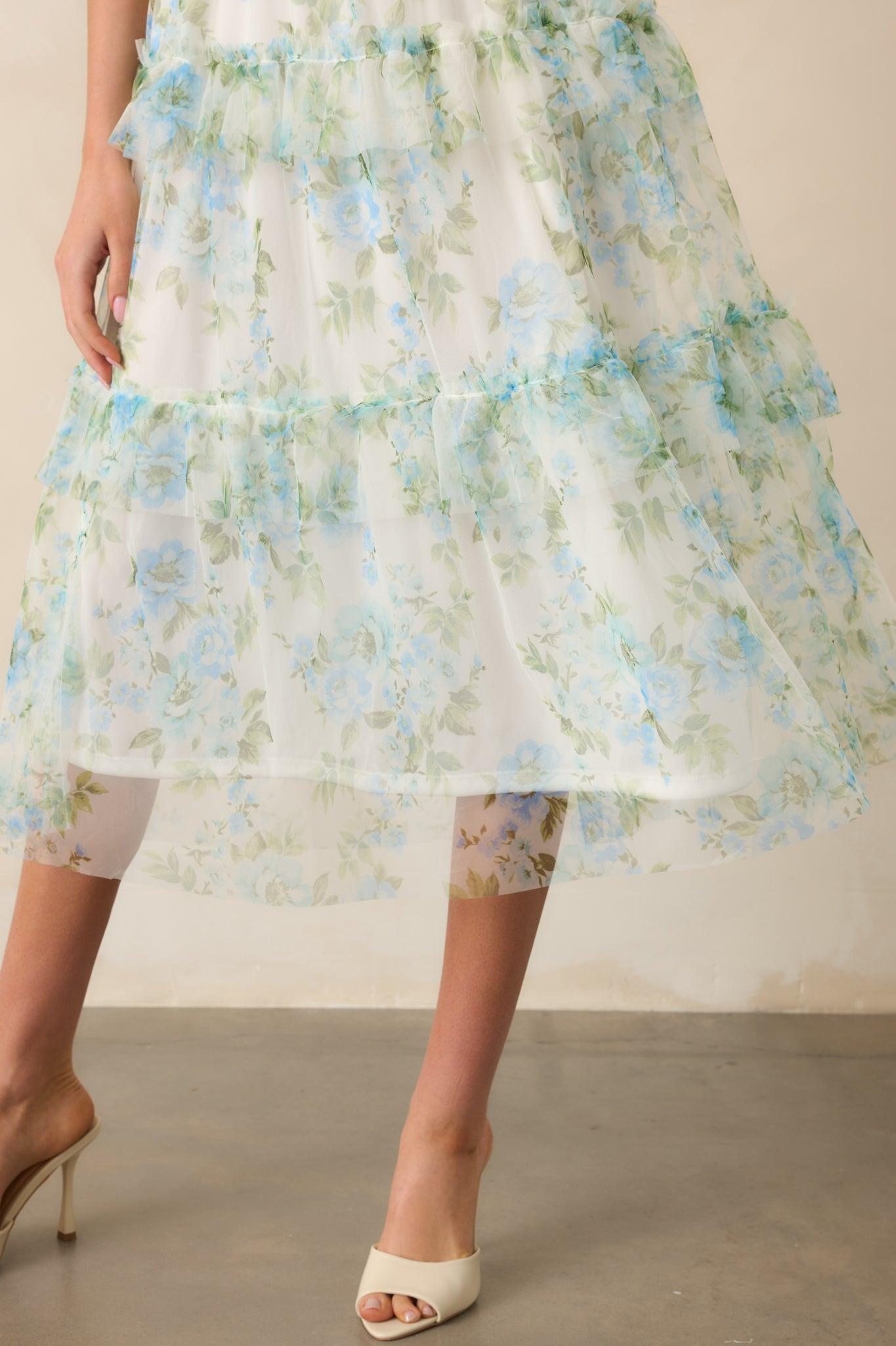 Sunrise Soiree Blue Floral Flutter Sleeve Midi Dress Product Image