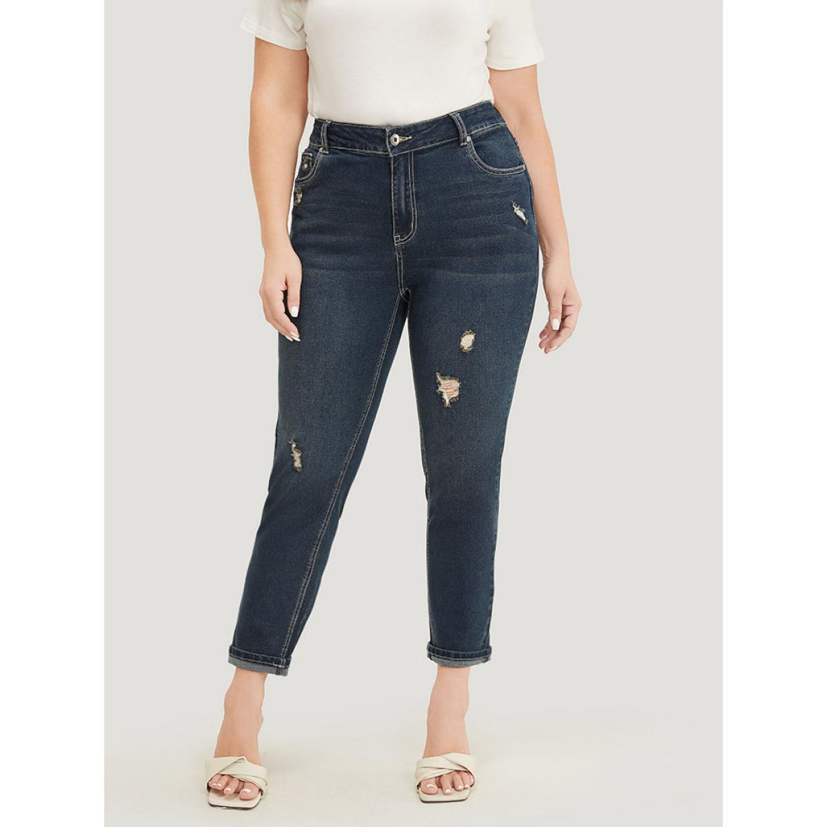 Plus Size Very Stretchy High Rise Dark Wash Distressed Stitch Jeans Women Midnight Casual Plain Roll Hem High stretch Jeans BloomChic 12/L Product Image