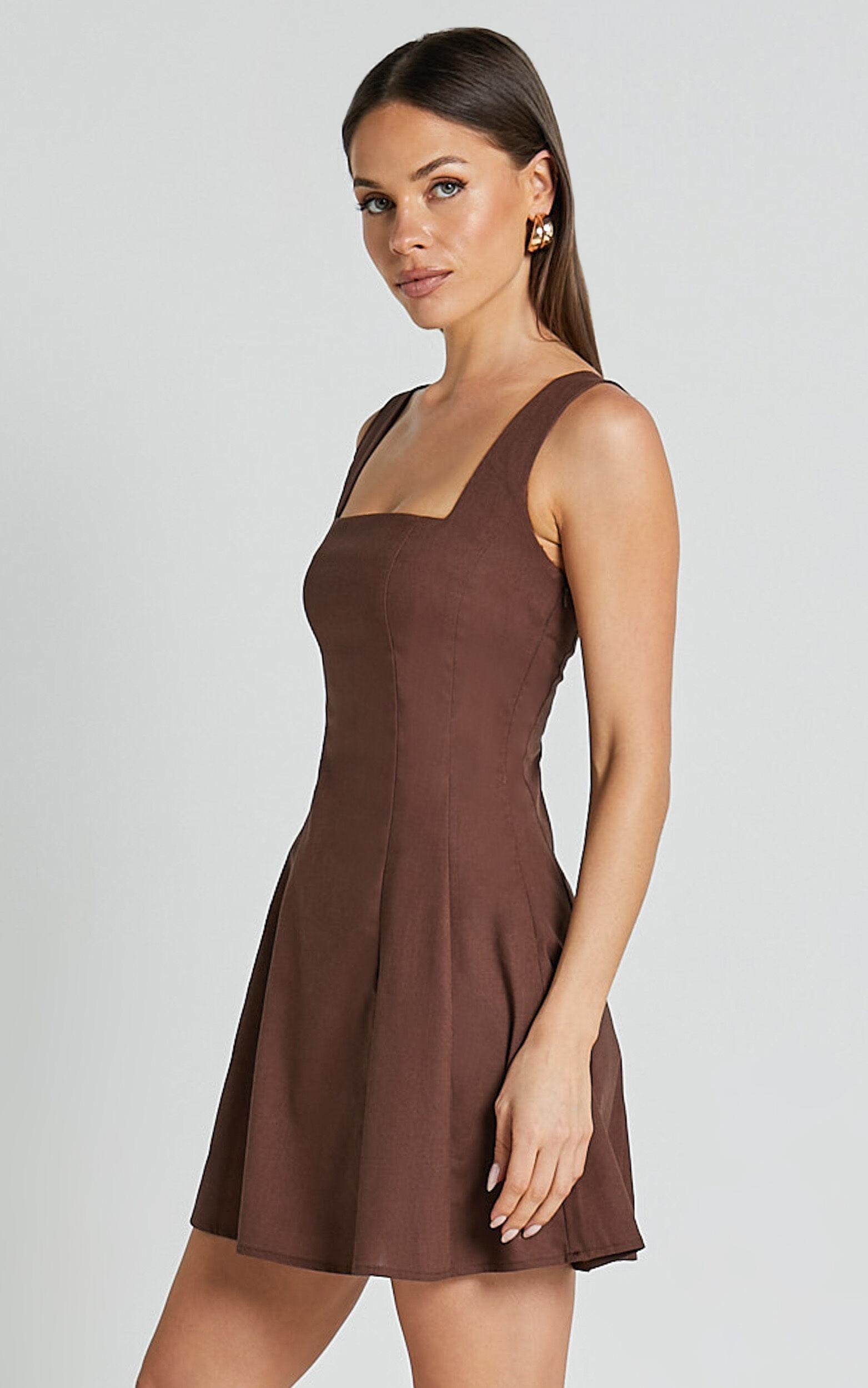 Adiana Mini Dress - Linen Square Neck Shirred Back A Line Dress in Chocolate Product Image