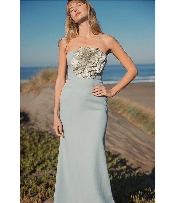 Mac Duggal Strapless 3D Rhinestone Flower Crepe Column Gown Product Image