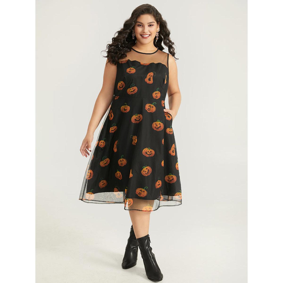 Plus Size Halloween Pumpkin Print Mesh Patchwork Tank Dress BlackFlower Women Elegant See through Round Neck Sleeveless Curvy Midi Dress BloomChic 10/M Product Image