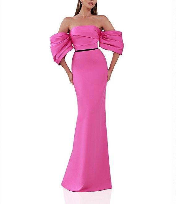 Terani Couture Off-The-Shoulder Draped Short Sleeves Matte Satin Column Gown Product Image