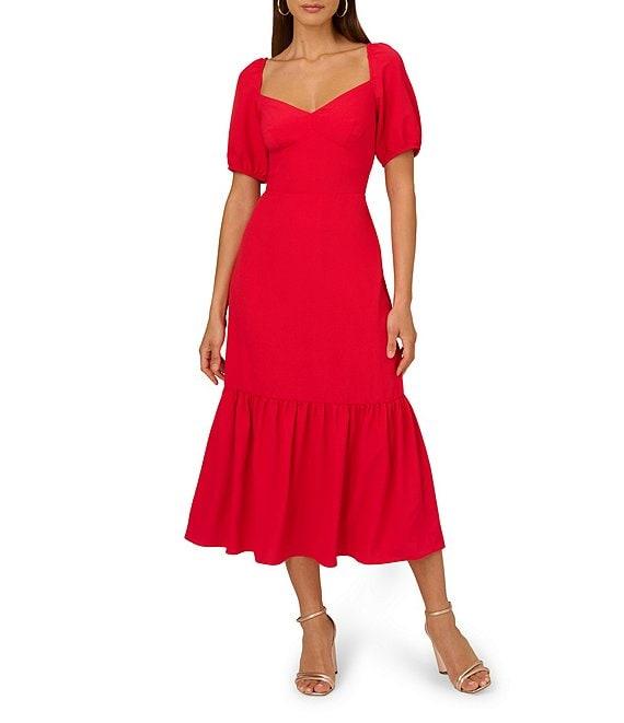 Adrianna by Adrianna Papell Solid Sweetheart Neck Puff Sleeves Smocked Back Ruffle Hem A-Line Midi Dress Product Image