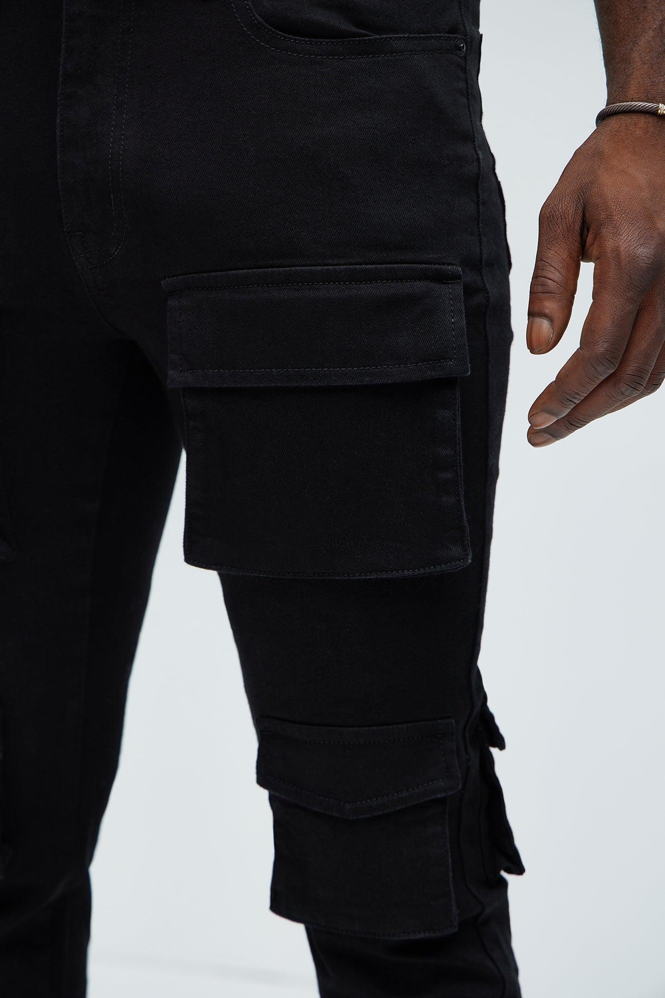 Three Cargo Stacked Skinny Flare Jeans - Black Product Image