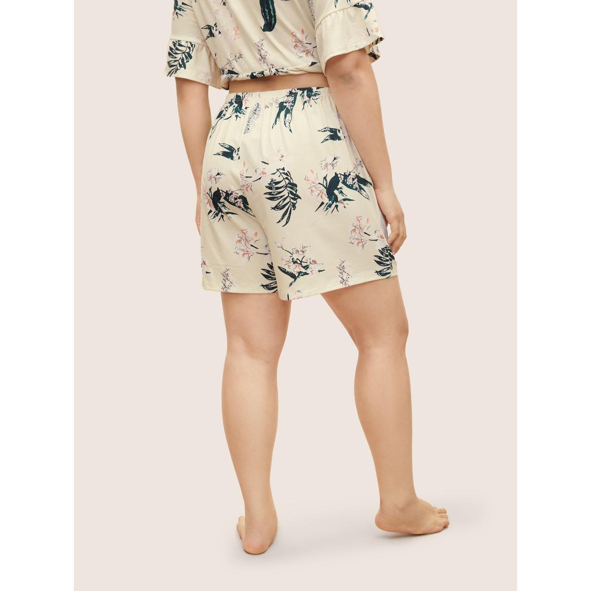 Plus Size Plants Print Knot Ties Gathered Pajama Sets Women Yellow Plants Non Half Sleeve Round Neck Lounge Loungewear Sets BloomChic 12/L Product Image