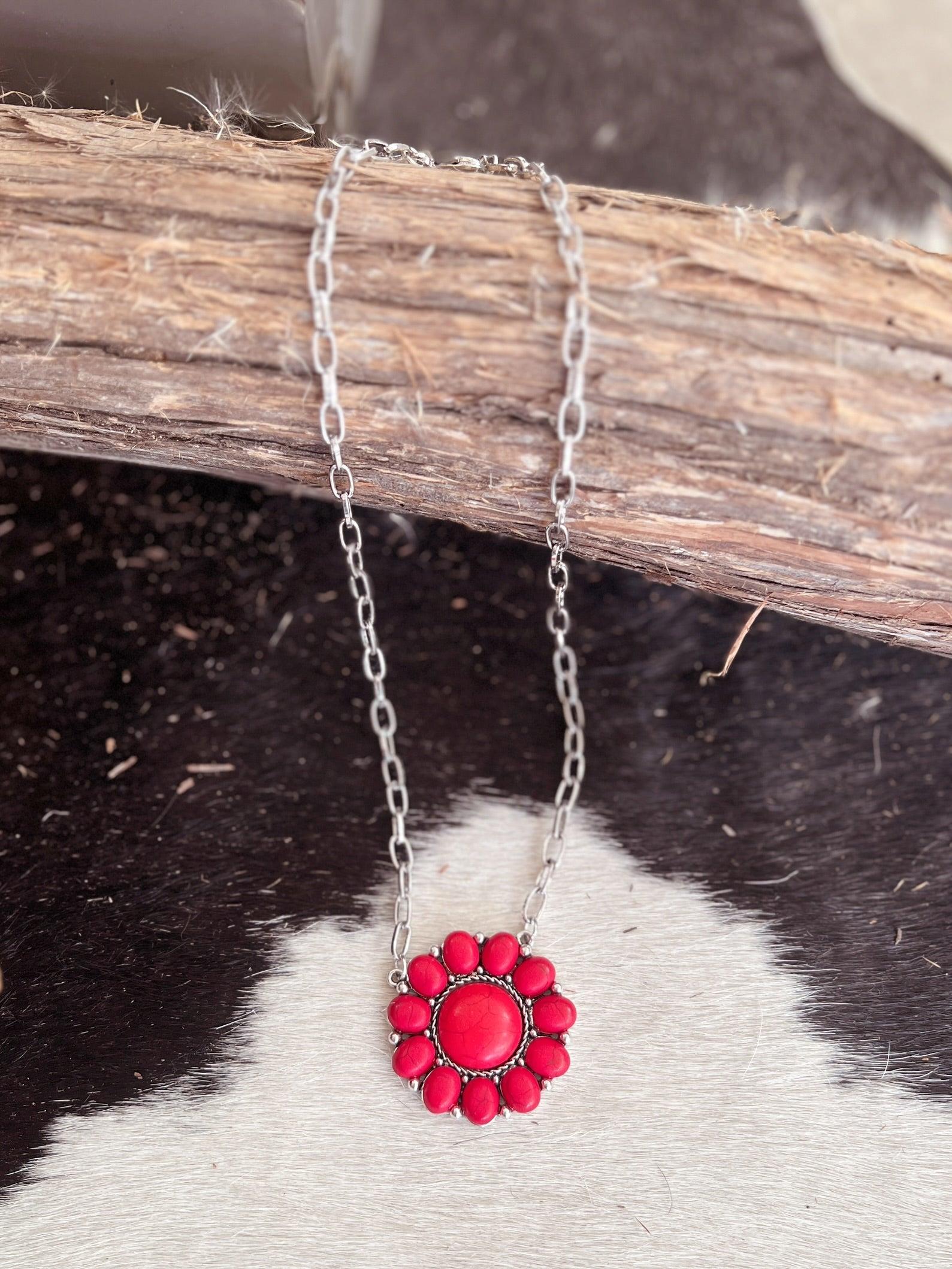 Red Flower Concho Stone and Chain Necklace Product Image