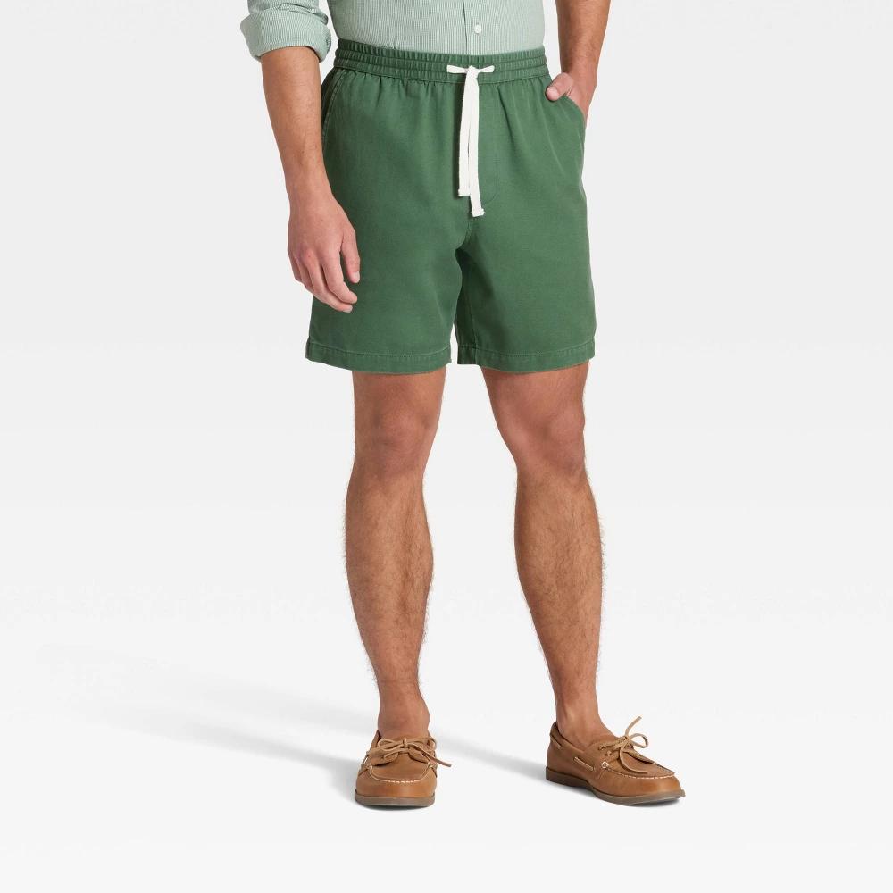 Men's Vintage 7" Elevated Pull-On Shorts - Goodfellow & Co™ Green S: Twill Fabric Product Image