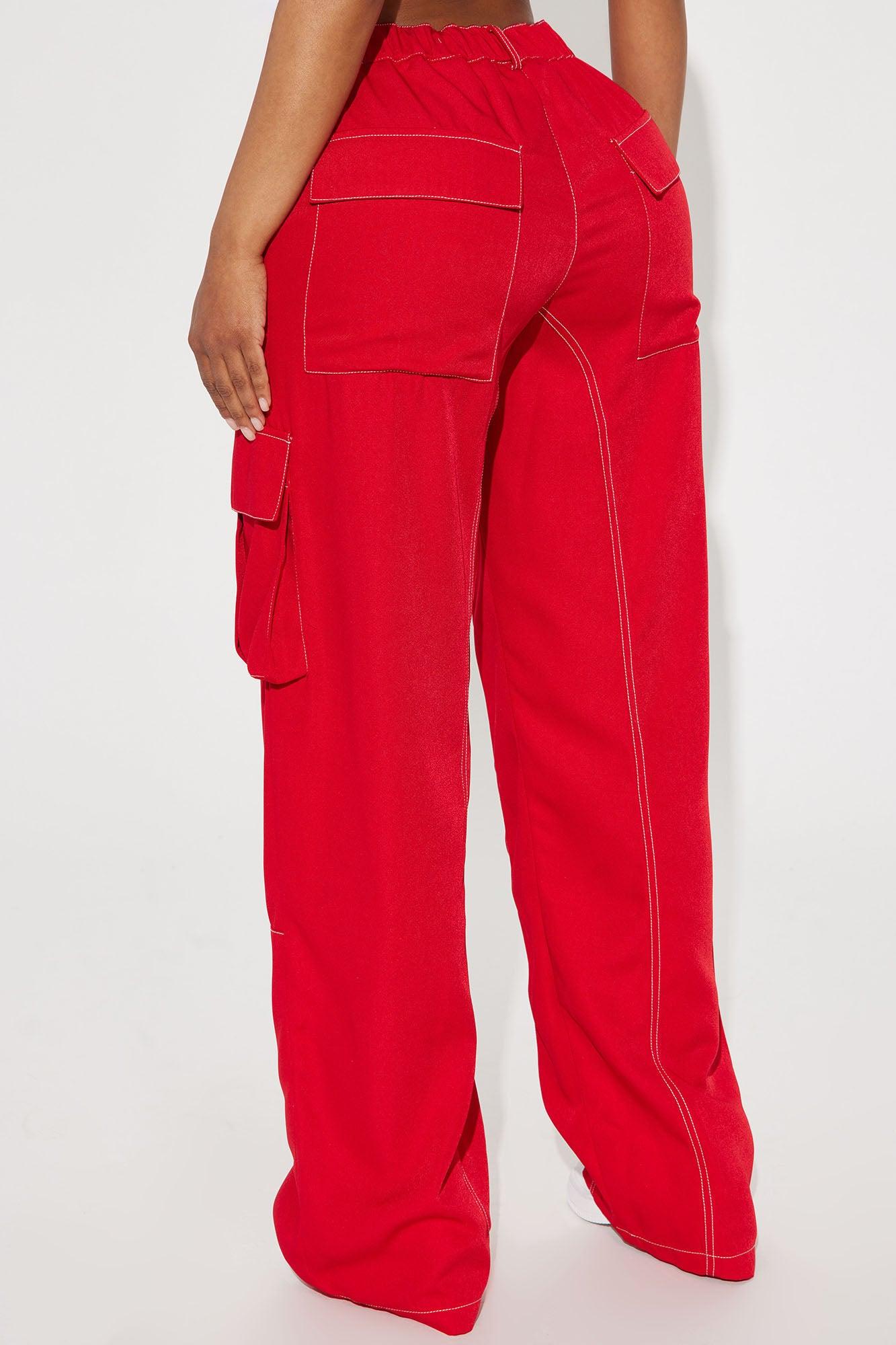 Keep Me Entertained Wide Leg Cargo Pant - Red Product Image