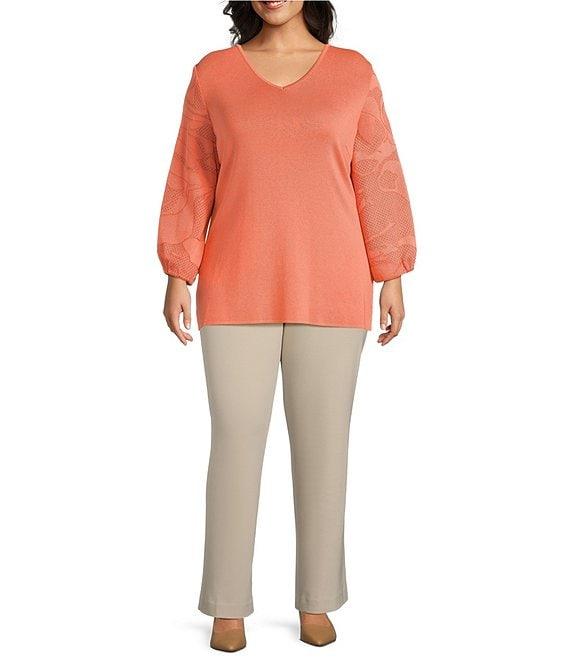 Ming Wang Plus Size Tonal Texture Knit V-Neck Bracelet Sleeve Top Product Image