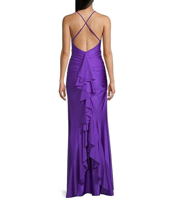 Honey and Rosie Shirred Cross Strap Back Ruffle Back Long Dress Product Image