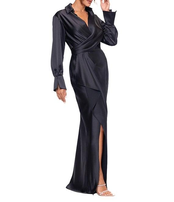 Xscape Long Sleeve Collared V-Neck Satin Dress Product Image