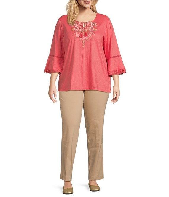 Allison Daley Plus Size Embroidered 3/4 Sleeve Split V-Neck Sweater Product Image