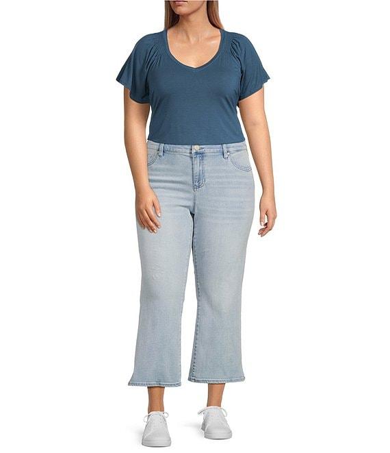 Liverpool Los Angeles Plus Size Jersey Knit V-Neck Short Flutter Sleeve Shirred Top Product Image