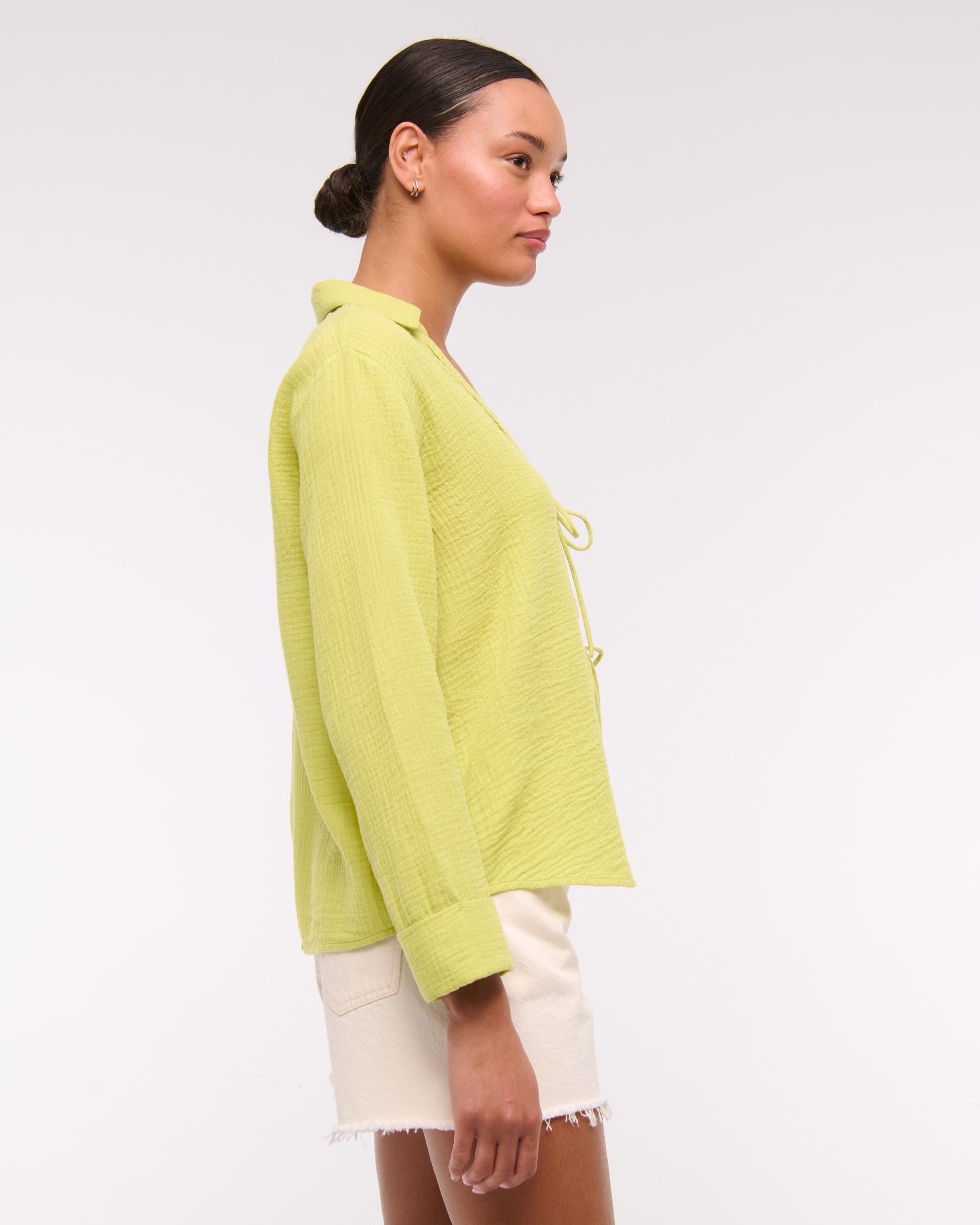 Long-Sleeve Oversized Tie-Front Gauzy Shirt Product Image