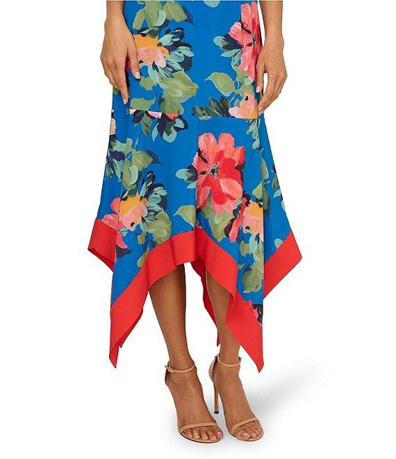 Adrianna Papell V-Neck Spaghetti Straps Floral Print Chiffon Asymmetrical Hem Midi Dress Product Image