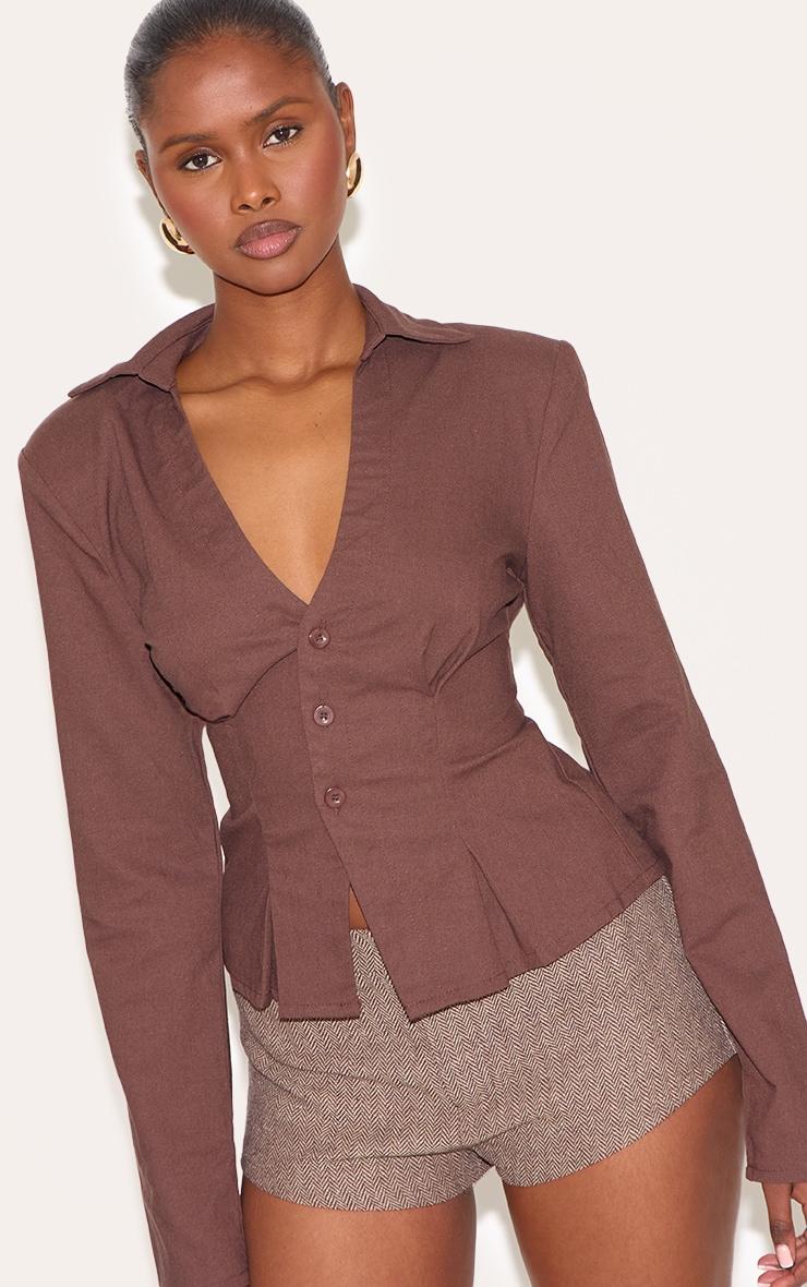Brown Linen Blend Plunge Shoulder Padded Fitted Shirt Product Image