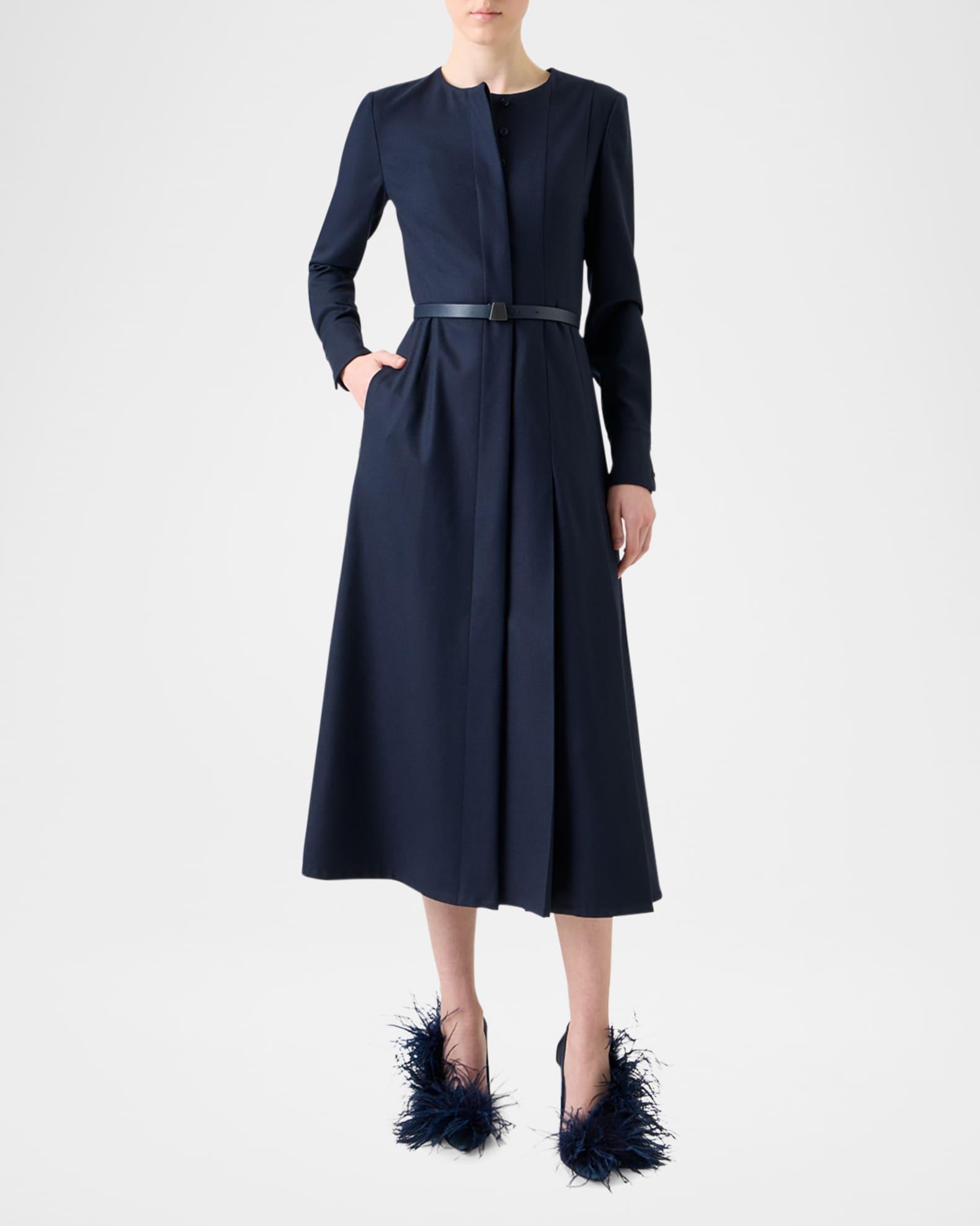 Pleated Wool Stretch Flannel Midi Dress With Belt Product Image