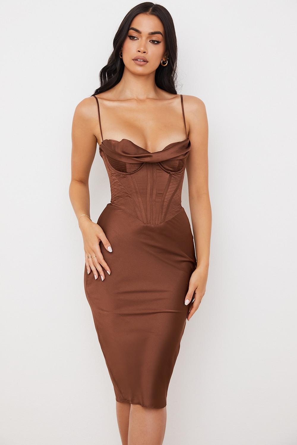 Myrna  chocolate satin corset slip dress Product Image