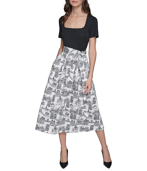 KARL LAGERFELD PARIS Mix Media Printed Square Neck Short Sleeve Waist Tie A-Line Midi Dress Product Image
