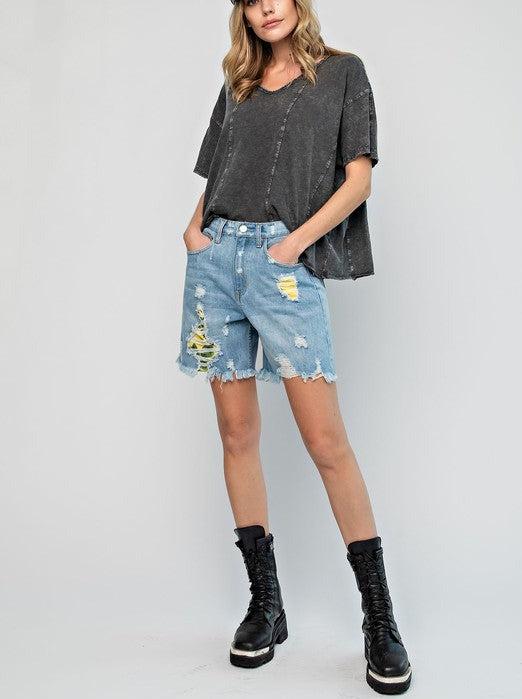 Tropical Destroyed Denim Shorts Product Image