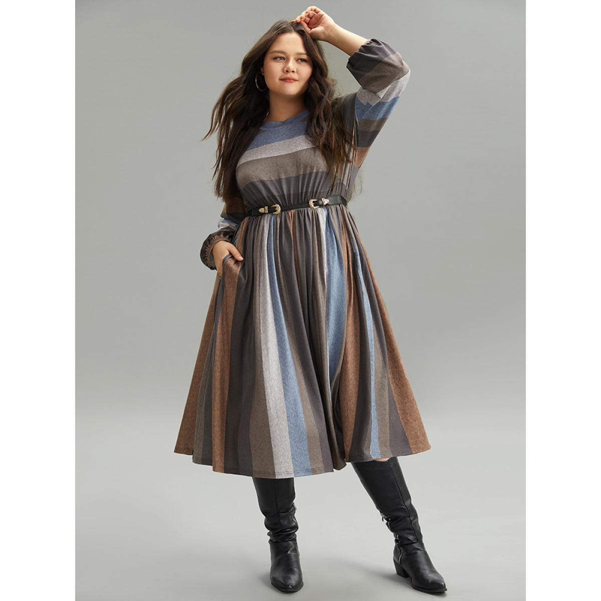 Plus Size Striped Colorblock Contrast Lantern Sleeve Dress Multicolor Women Casual Elastic cuffs Round Neck Long Sleeve Curvy Midi Dress BloomChic 14-16/1X Product Image