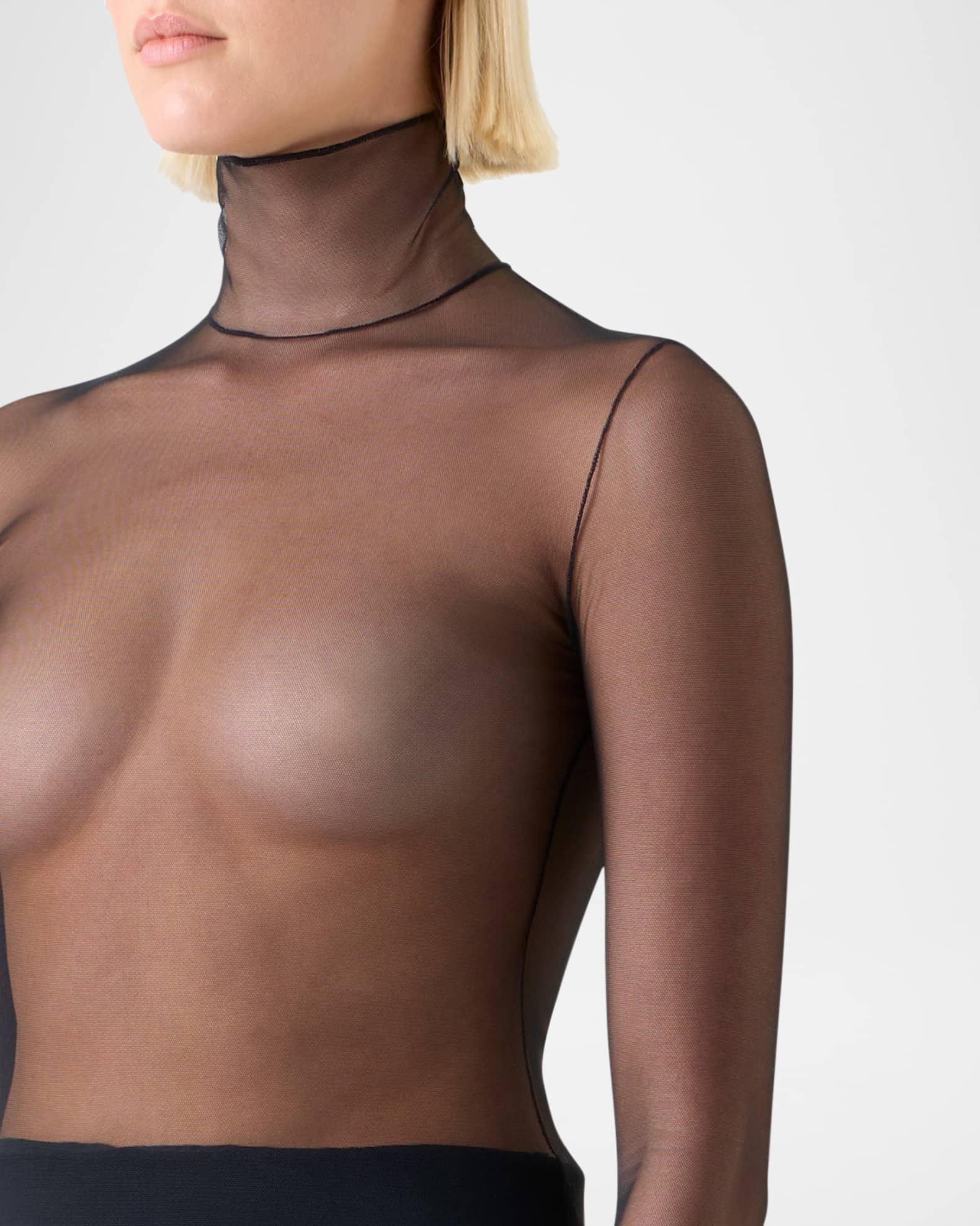 Mock-Neck Stretch Tulle Fitted Long-Sleeve Shirt Product Image